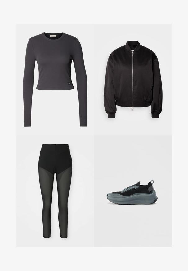 Calvin Klein Jeans Bomberjakke - black; Langærmet, cropped top i mørkegrå ribbet stof med en rund halsudskæring og et lille logo patch nederst. Glat tekstur, tætsiddende design.; Sorte højtaljede leggings med semi-gennemsigtige meshpaneler på forlårene og underbenene, sømløst design, tætsiddende silhuet.; Sort og grå atletisk sko med en strikket overdel, tykk skum mellemsål og bageste tab. Har snørebånd og en tekstureret gummisål.