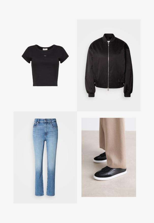 Calvin Klein Jeans Bomberjacks - black; Zwart cropped T-shirt met korte mouwen, geribbeld, met een ronde halslijn en een klein Calvin Klein-logo op het midden van de borst.; Blauwe denim jeans met hoge taille, rechtvallende pasvorm, vervaagde kleurverloop en vijf-pocketstijl. Metalen knoop en ritssluiting.; Zwarte leren sneakers met suède accenten, voorzien van een witte rubberen zool en zwarte veters. Gecombineerd met beige wijde broek.
