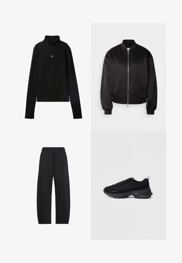 Calvin Klein Jeans Bomberjakke - black; Sort ribstrikket bluse med lange ærmer og lille firkantet Calvin Klein-logo placeret centralt på brystet.; Sorte løstsiddende sweatpants med elastisk taljebånd og snøre, designet til afslappet eller atletisk brug.; Sorte atletiske sko med mesh-overdel, suedette detaljer, snørelukning og en tekstureret chunky sål for trækkraft. "Calvin Klein" logoet er synligt.