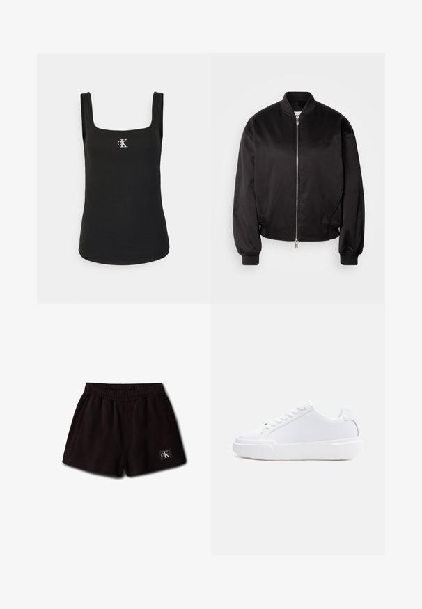 Calvin Klein Jeans Bomberjakke - black; Sort ærmeløs ribbet tanktop med firkantet halsudskæring og lille hvidt CK-logo midt på brystet.; Sorte elastiske korte shorts med sidelommer og et lille Calvin Klein-logo på den forreste nederste venstre side.; Hvid lavtop-sneaker med snørelukning, tyk sål og glat overdel, vist fra ydersiden mod en ensartet lys baggrund.