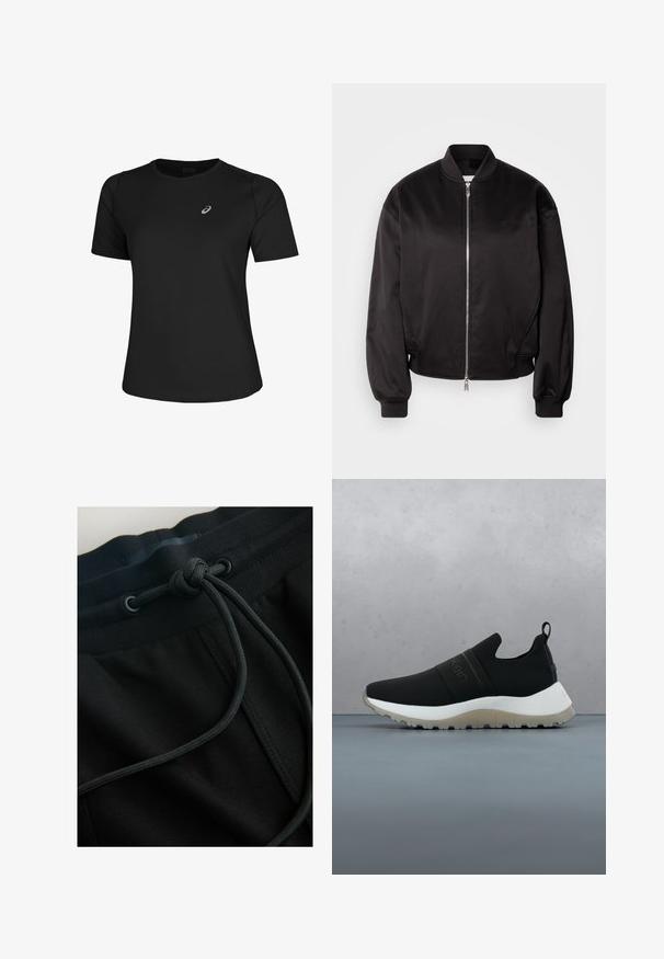 Calvin Klein Jeans Bomberjacks - black; Zwart sport t-shirt van gladde stof, met een ronde halslijn en korte mouwen. Inclusief een reflecterend logo aan de voorkant links.; Zwarte joggerbroek met een tailleband met trekkoord en een gestructureerde stof, met de nadruk op vloeiende lijnen en een minimalistisch ontwerp.; Zwart athletische instapschoen met witte zool en gestructureerde grip, zwevend boven een houten tegelvloer buiten nabij groen.