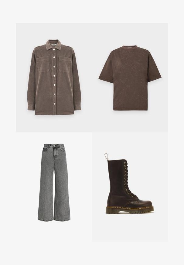 Brun fløjlsskjorte med krave, frontlukning med knapper og to brystlommer. Har lange ærmer og et struktureret stofdesign.; Brun oversized T-shirt med korte ærmer og en subtil vaskede tekstur samt rund hals mod en ensfarvet lys baggrund.; Grå jeans i denimbred ben, høj talje med knapper foran, lynlås og fem-lomme-design.; Høj mørkebrun læder snørestøvle med gule syninger, tyk rillede sål og trækstrop bagpå.