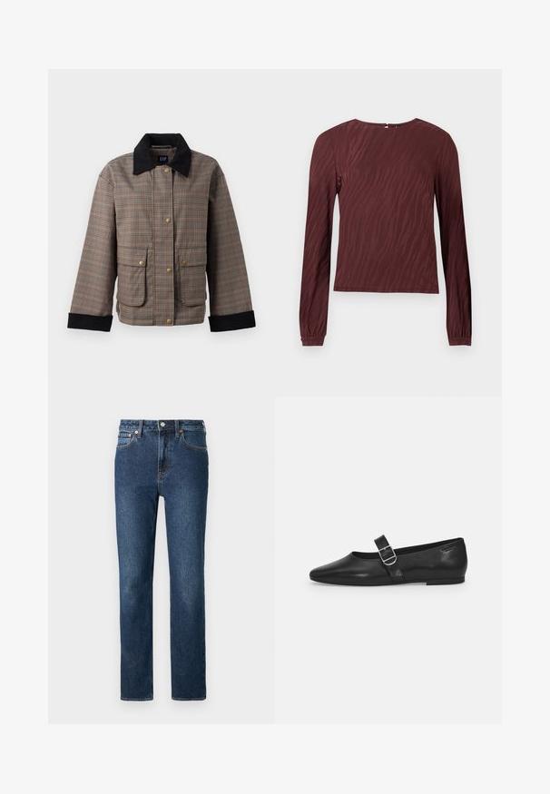Veste à carreaux avec des teintes brunes et noires, dotée d'un col et de quatre poches avant avec des boutons dorés, et d'un tissu texturé.; Haut à manches longues bordeaux avec une texture à motif ondulé subtil, encolure ronde et poignets froncés. Détail de fermeture au dos visible.; Jean en denim bleu foncé avec une coupe droite, comportant une fermeture à boutons et à zip, et des coutures orange.; Chaussure plate en cuir noir avec un bout arrondi, une seule sangle réglable à boucle et une texture lisse et brillante. Design minimaliste avec un petit talon.