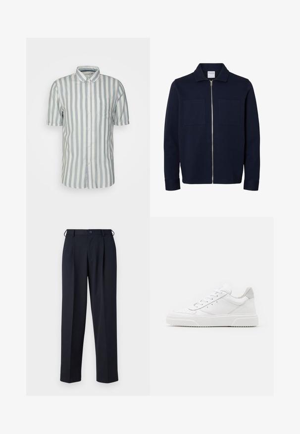 Navy blue long-sleeve jacket with a collar, front zipper, and two chest patch pockets.; Short-sleeve button-up shirt in light blue and white vertical stripes, cotton fabric, single chest pocket, classic collar, and rounded hem.; Navy blue tailored trousers with a front button and zip closure, belt loops, and side pockets, shown on a white background.; White leather sneakers with a smooth finish, rounded toe, flat laces, and a textured sole. Grey suede accent at the heel.