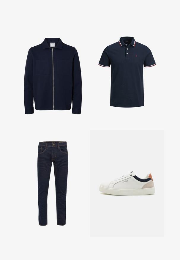 Marineblaue langärmelige Jacke mit Kragen, Frontreißverschluss und zwei Brusttaschen.; Marineblaues Poloshirt aus Baumwolle, mit einem klassischen Kragen, einer Drei-Knopf-Leiste und gestreiften Akzenten am Kragen und an den Ärmeln.; Dunkelblaue Slim-Fit-Jeans mit Fronttaschen, einem Knopf an der Taille und orangefarbenen Steppnähten.; Weiße Leder-Sneaker mit einem Low-Top-Design, marineblauem Stoffakzent am Kragen und einem hellrosa Wildleder-Hackenteil. Gummisohle.