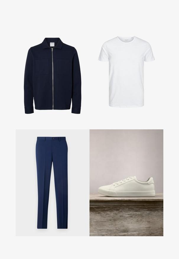 Chaqueta azul marino de manga larga con cuello, cremallera frontal y dos bolsillos parche en el pecho.; Camiseta de manga corta y cuello redondo en blanco sólido, fabricada en algodón suave, presenta un diseño simple sin patrones ni acentos visibles.; Pantalones formales ajustados color marino, con un diseño de frente plano y textura suave. Incluyen un cierre de botón único y trabillas para el cinturón.; Zapatilla blanca con cordones flotando sobre un banco de madera con follaje verde al fondo, mostrando el diseño y la textura del zapato.