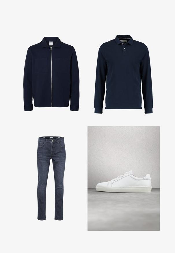 Marineblaue langärmelige Jacke mit Kragen, Frontreißverschluss und zwei Brusttaschen.; Marineblaues Langarm-Polohemd aus Baumwolle, mit klassischem Kragen, Zwei-Knopf-Leiste und glatter Textur.; Dunkelblaue Denim-Jeans mit schlankem Schnitt, ausgestattet mit fünf Taschen, hellen Nähten und einem klassischen Reißverschluss mit Knopfverschluss.; Weißer Sneaker mit glattem Lederobermaterial und niedrigem Profil. Verfügt über eine runde Zehenpartie, sechs Ösen und eine strukturierte Gummisohle.