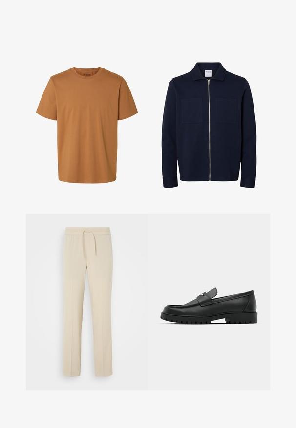 Marineblå jakke med lange ærmer, krave, lynlås foran og to brystlommer.; Enkelt brun kortærmet bomulds-T-shirt med rund hals og almindelig pasform, mærket "Selected Homme" inde i kraven.; Beige, elastisk taljebukser med snoretræk. Har lige ben og en glat tekstur, velegnet til afslappet brug eller afslapning.; Sorte læder loafers med rund tå, der har et syet design, lav platformssål og en struktureret, skridsikker gummisål.