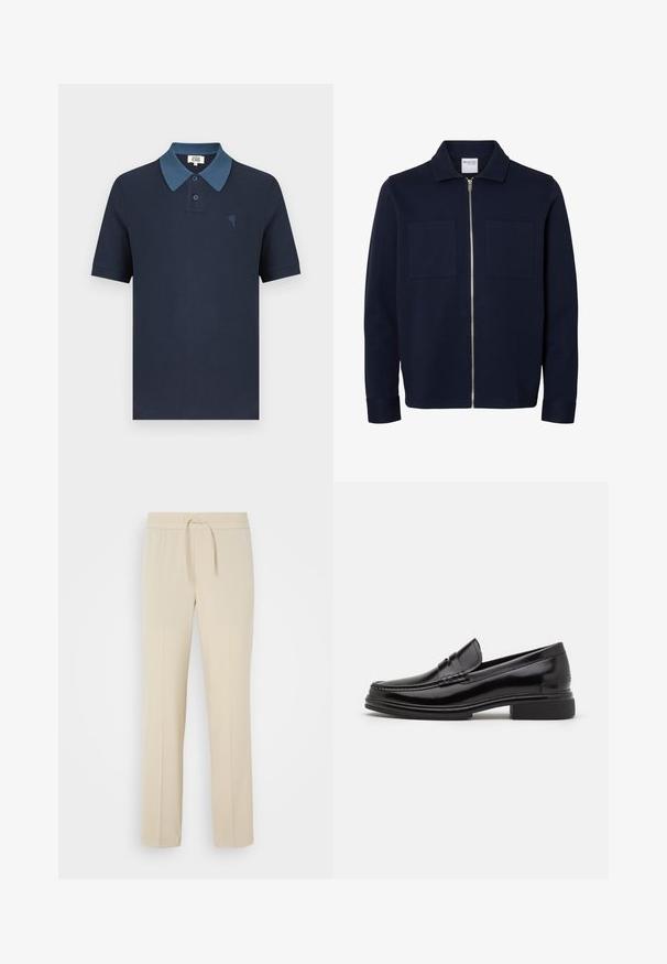 Marineblauwe lange mouwen jas met een kraag, ritssluiting aan de voorkant en twee borstzakken.; Marineblauw poloshirt met een contrasterende blauwe kraag, korte mouwen, gestructureerde stof en een klein geborduurd hartontwerp op de borst.; Beige, elastische broek met een trekkoord in de taille. Heeft rechte pijpen en een zachte textuur, geschikt voor casual wear of loungen.; Zwarte leren instappers met een afgeronde neus, voorzien van een gestikte detail over de wreef, en een lage blokhak. Glad textuur en glanzende afwerking.