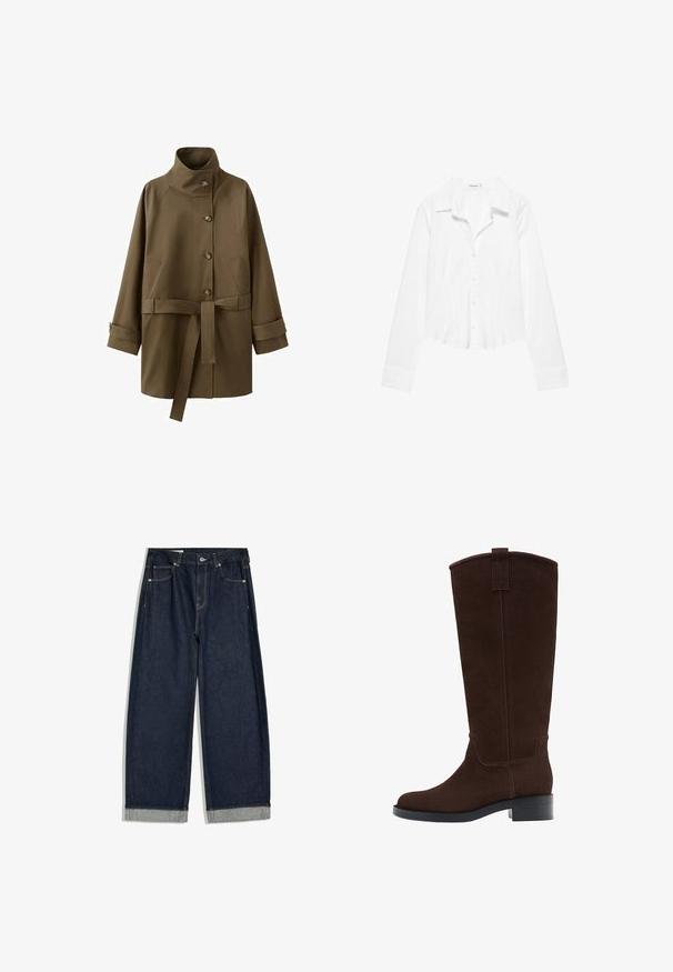 Manteau marron ceinturé avec col montant, fermeture à boutons, deux poches latérales et brides aux poignets des manches longues.; Chemise blanche à manches longues avec col, taille légèrement cintrée et poignets boutonnés, présentée sur fond blanc.; Jean en denim bleu foncé à jambes larges avec revers roulés, design cinq poches et fermeture par bouton à la taille, posé à plat sur fond blanc.; Botte haute en daim marron foncé avec un petit talon empilé et un bout arrondi, équipée d'une lanière au sommet de la tige.
