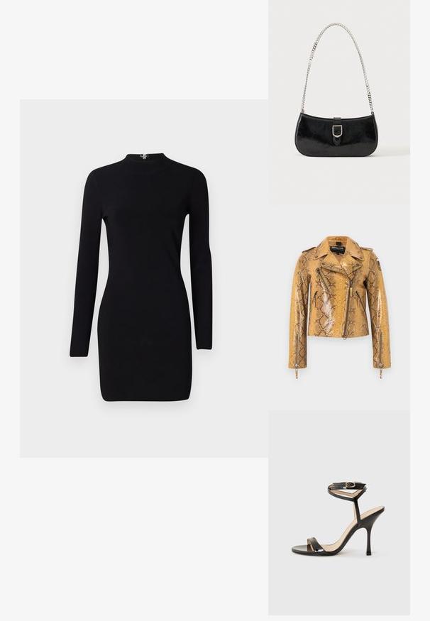 Veste de motard à motif serpent jaune avec fermeture éclair asymétrique à l'avant, poches zippées, épaulettes et poignets zippés sur les manches longues.; Robe noire à manches longues avec une silhouette ajustée, col haut et fermeture éclair au dos. Texture lisse et tissu extensible. Sans motifs ni accents.; Sandale à talons hauts en cuir verni noir avec une fine bride de cheville et une boucle, orteil ouvert et talon aiguille mince sur fond blanc.; Sac à épaule en cuir verni noir avec détail de boucle argentée et bandoulière en chaîne argentée, présenté sur un fond uni clair.