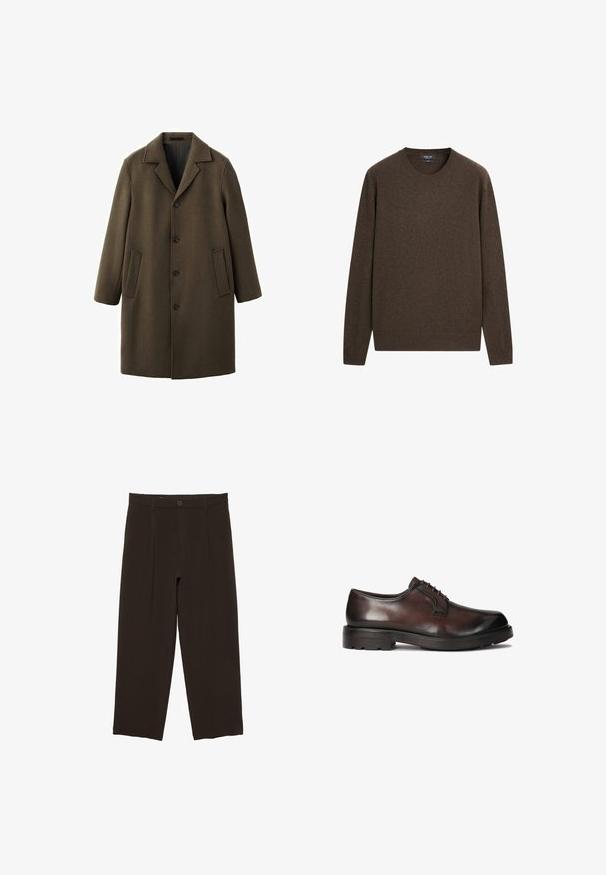 Manteau en laine vert olive avec un col cranté, des manches longues, une fermeture à boutons à l'avant et deux poches latérales. Texture lisse et coupe ajustée.; Pull marron à manches longues col rond avec une texture simple et lisse et des poignets et un bas en côtes.; Pantalon ajusté marron foncé avec plis avant, passants de ceinture, fermeture par bouton et jambes droites raccourcies.; Chaussure habillée en cuir marron, à la finition lisse, au bout rond et au laçage. Équipée d'une semelle en caoutchouc noir robuste avec une bonne traction.