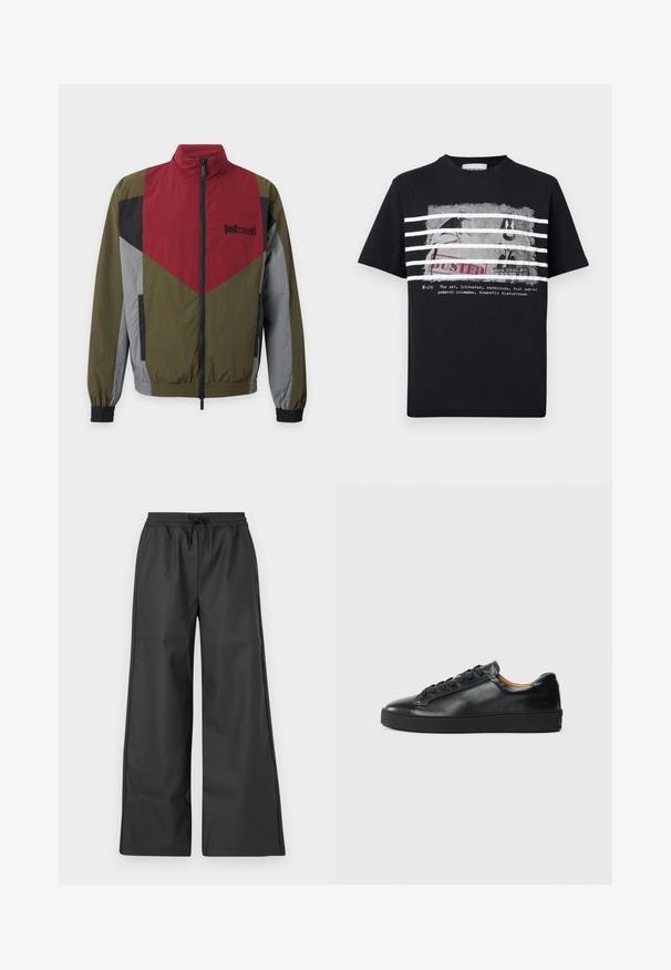 Heren windjack met rits in olijfgroen, rood, grijs en zwart met het "Just Cavalli"-logo op de borst en elastische manchetten.; Zwart T-shirt met witte strepen over een zwart-witte afbeelding van tekenfilmfiguur Sylvester achter tralies, met de tekst "BUSTED" en tekst eronder.; Han Kjøbenhavn RELAXED TRACK TROUSERS - Broek - black; Zwarte leren sneaker met een gladde textuur, ronde neus en vetersluiting. Heeft een dikke rubberen zool en minimale merkaanpassing.