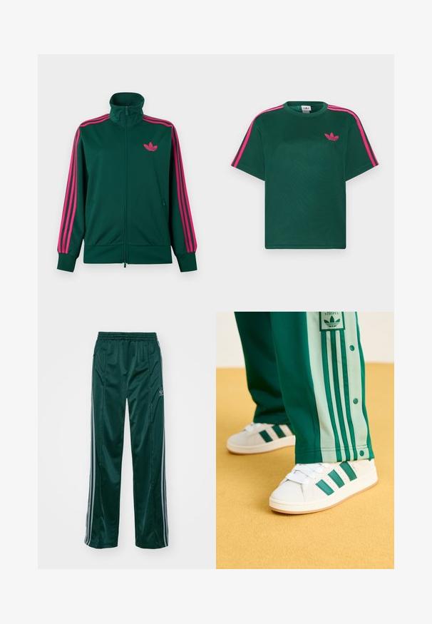 Chaqueta deportiva de cremallera verde oscuro con cuello alto, detalles de tres franjas rosa brillante en las mangas y logotipo trefoil rosa de Adidas en el pecho.; Camiseta verde de manga corta con franjas rosas brillantes en los hombros y el logotipo de trébol de Adidas en el pecho.; Pantalones deportivos de color verde oscuro, hechos de un material brillante, con franjas laterales en gris claro y un logotipo bordado en la pierna izquierda.; Zapatillas blancas con rayas verdes, suela de goma y parte superior texturizada, combinadas con pantalones de chándal verdes que tienen rayas laterales de un verde más claro y botones a presión.
