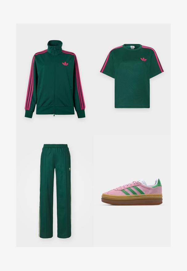 Tumeroheline lukuga dressipluus kõrge krae ja ere roosade triipudega varrukatel ning roosa Adidas trefoil logo rinnal.; Roheline lühikeste varrukatega T-särk, mille õlgadel on eredapinkid triibud ja rinnal Adidas kolmelehise ristikheina logo.; Tumed roheline sportlikud püksid, mis on lõdvema lõikega, koos paelaga vöökohas, küljetaskute ja kreemjate triipudega külgedel.; Roosa nahast tossud roheliste triipude, valgete aktsentide ja pruuni kummitaldiga. Omavad tekstuuriga kangast ja logo detaile külgedel.