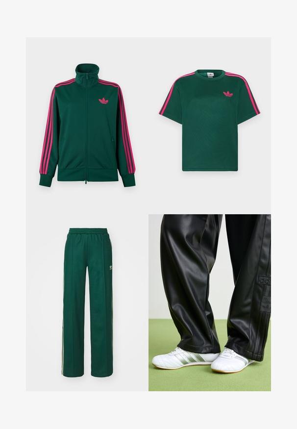 Tumeroheline lukuga dressipluus kõrge krae ja ere roosade triipudega varrukatel ning roosa Adidas trefoil logo rinnal.; Roheline lühikeste varrukatega T-särk, mille õlgadel on eredapinkid triibud ja rinnal Adidas kolmelehise ristikheina logo.; Tumed roheline sportlikud püksid, mis on lõdvema lõikega, koos paelaga vöökohas, küljetaskute ja kreemjate triipudega külgedel.; Mustast sünteetilisest nahast püksid, mis on lohvakas ja millel on sile tekstuur ning külgpaelad. Komplektis valged tossud hõbedaste detailidega.