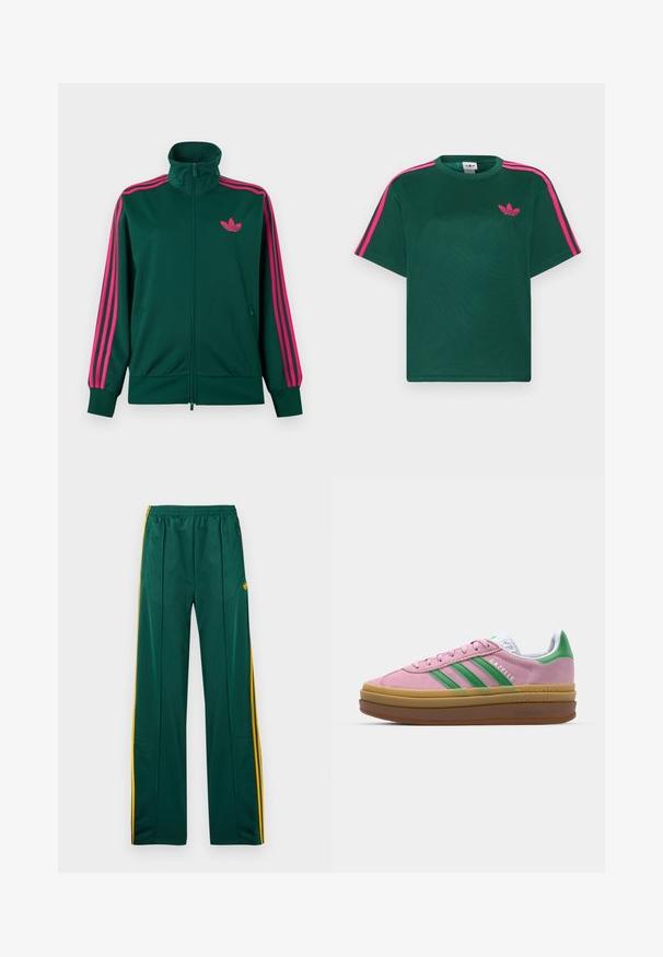 Mørkegrøn lynlås-træningsjakke med høj krave, lyserøde tre-stribe detaljer på ærmerne og lyserødt Adidas trefoil-logo på brystet.; Grøn kortærmet t-shirt med lyserøde striber på skuldrene og Adidas trefoil-logo på brystet.; Grønne sportbukser med gule striber i siden, elastisk taljebånd og to sidelommer. Fremstillet af glat, let materiale.; Lyserøde ruskindsneakers med grønne striber, hvide accenter og en brun gummisål. Har tekstureret stof og logodetaljer på siden.