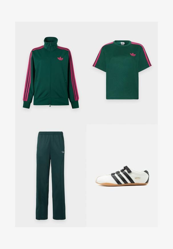 Chaqueta deportiva de cremallera verde oscuro con cuello alto, detalles de tres franjas rosa brillante en las mangas y logotipo trefoil rosa de Adidas en el pecho.; Camiseta verde de manga corta con franjas rosas brillantes en los hombros y el logotipo de trébol de Adidas en el pecho.; Pantalones de chándal verde oscuro hechos de una tela suave, con una cintura elástica y costuras laterales, y un pequeño logo en la parte delantera.; Zapatilla Adidas Tokyo blanca con rayas negras, correas de velcro negras y suela de goma, vista de lado sobre fondo blanco.