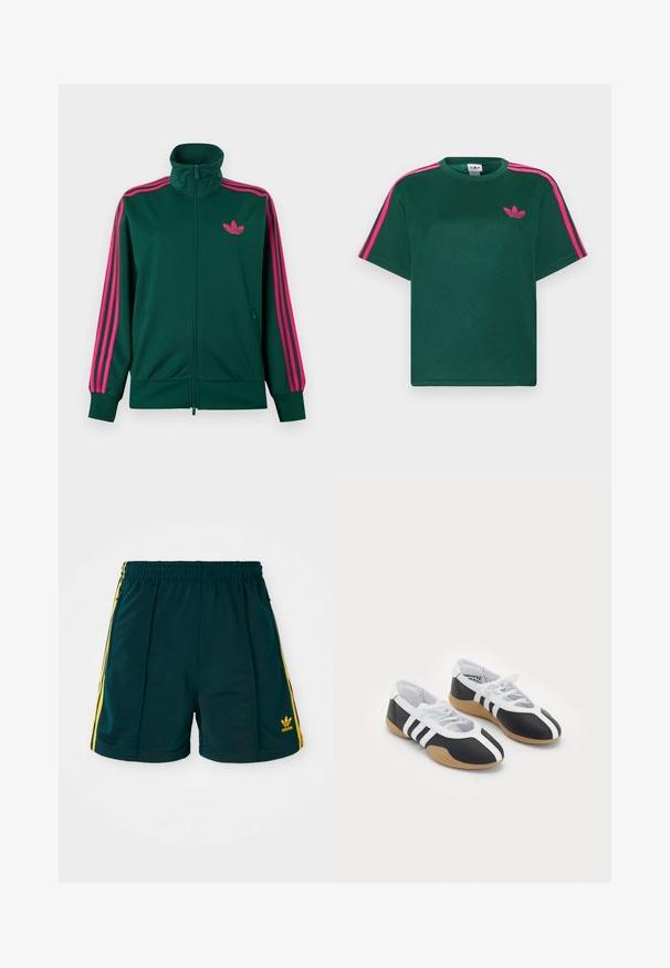 Mørkegrøn lynlås-træningsjakke med høj krave, lyserøde tre-stribe detaljer på ærmerne og lyserødt Adidas trefoil-logo på brystet.; Grøn kortærmet t-shirt med lyserøde striber på skuldrene og Adidas trefoil-logo på brystet.; Mørkegrønne sportsshorts med elastisk talje, prydet med gule sidelister og et broderet gult logo på underbenet.; Sort-hvide sportsko med et slankt design, gummisål, snørebåndslukning og tre hvide striber på siden.