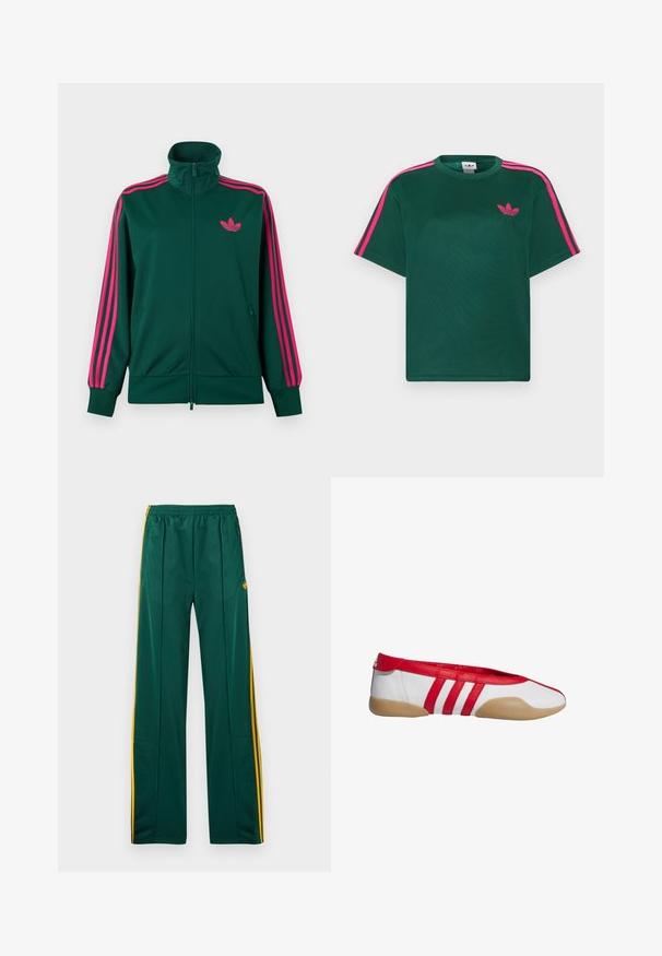 Mørkegrøn lynlås-træningsjakke med høj krave, lyserøde tre-stribe detaljer på ærmerne og lyserødt Adidas trefoil-logo på brystet.; Grøn kortærmet t-shirt med lyserøde striber på skuldrene og Adidas trefoil-logo på brystet.; Grønne sportbukser med gule striber i siden, elastisk taljebånd og to sidelommer. Fremstillet af glat, let materiale.; Rød og hvid flad sko med rund tå, lavet af glat syntetisk materiale. Har tre røde striber og en tanfarvet gummisål.