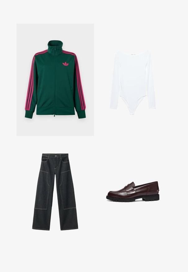 Donkergroene trainingsjack met ritssluiting en hoge kraag, met felroze drie-strepen design op de mouwen en een roze Adidas trefoil-logo op de borst.; Witte lange mouwen body met een brede boothals en hoog uitgesneden beenopeningen, getoond op een effen witte achtergrond.; Donkerblauwe wijde denim broeken met grote zijzakken en contrasterende beige stiksels. Voorzien van een knoopsluiting en riemlussen.; Timberland Instappers - burgundy
