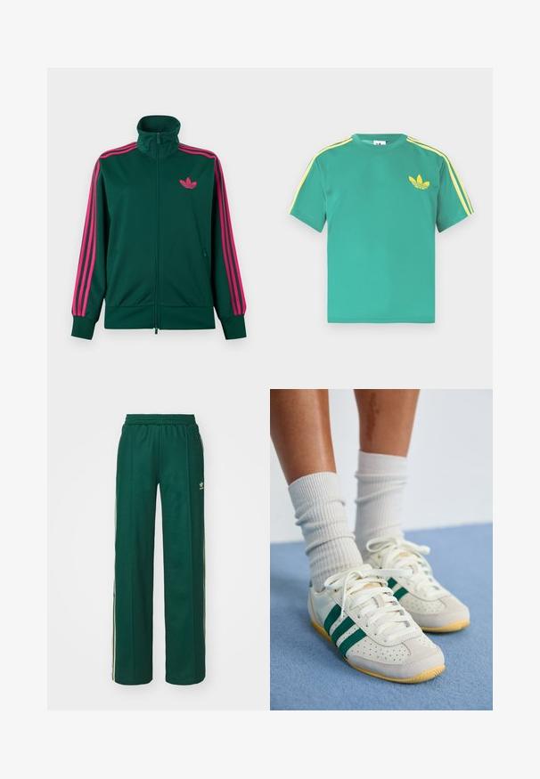 Donkergroene trainingsjack met ritssluiting en hoge kraag, met felroze drie-strepen design op de mouwen en een roze Adidas trefoil-logo op de borst.; Groen katoenen T-shirt met korte mouwen, met gele strepen langs de schouders en een geborduurd logo van drie bladeren op de borst.; Donkergroene sportbroek met een relaxte pasvorm, voorzien van een trekkoord in de taille, zijzakken en crèmekleurige strepen aan de zijkanten.; Voeten met witte sneakers met groene strepen en witte geribbelde sokken die op een lichtblauw tapijt staan.