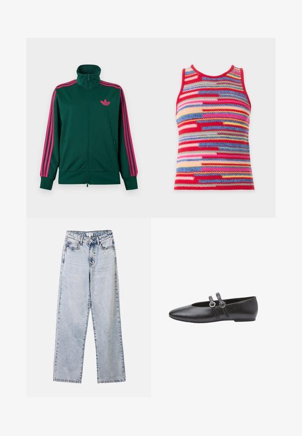 Mørkegrøn lynlås-træningsjakke med høj krave, lyserøde tre-stribe detaljer på ærmerne og lyserødt Adidas trefoil-logo på brystet.; Ærmeløs strikket top med høj rund hals, med vandrette striber i rød, blå, pink, gul og andre farver.; Lysblå lige ben jeans lavet af denim, med to frontlommer, en knaplukning og kontraststing langs sømmene.; Sorte læderballerinaer med spids tå, der har to remme med cirkulære spænder og en lav, flad sål. Glat tekstur over det hele.