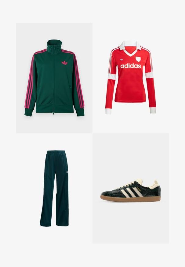 Mørkegrøn lynlås-træningsjakke med høj krave, lyserøde tre-stribe detaljer på ærmerne og lyserødt Adidas trefoil-logo på brystet.; Rød langærmet fodboldtrøje med hvid krave og manchetter. Har tre hvide striber på skuldrene og "adidas" logoet fremtrædende vist.; Mørk teal træningsbukser lavet af letvægtigt stof, med et simpelt design, elastisk talje og hvide sideaccenter.; adidas Originals SAMBA OG - Sneakers - cream white/collegiate green