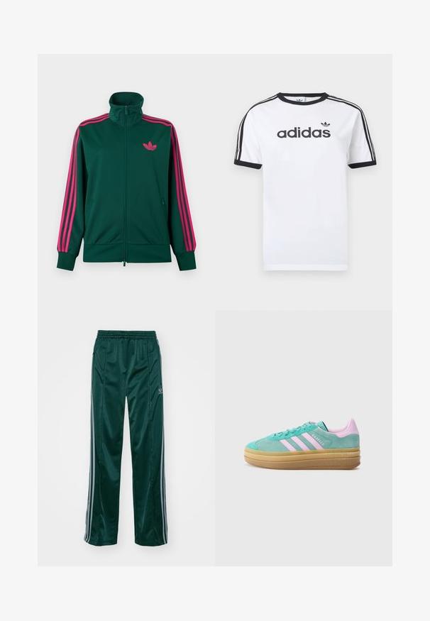 Mørkegrøn lynlås-træningsjakke med høj krave, lyserøde tre-stribe detaljer på ærmerne og lyserødt Adidas trefoil-logo på brystet.; Hvid bomulds-T-shirt med sorte detaljer, har rundt halsudskæring, korte ærmer, tre sorte striber på skuldrene og adidas-logo i sort.; Mørkegrønne træningsbukser lavet af skinnende materiale, med sidelister i lys grå og et broderet logo på venstre ben.; adidas Originals GAZELLE BOLD - Sneakers - powder teal/bliss lilac/pure teal