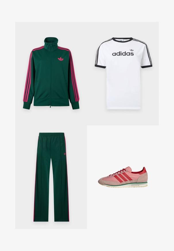 Dunkelgrüne Trainingsjacke mit Reißverschluss, hohem Kragen, auffälligen pinken Drei-Streifen-Details an den Ärmeln und pinkem Adidas-Trefoil-Logo auf der Brust.; Weißes Baumwoll-T-Shirt mit schwarzen Akzenten, verfügt über einen Rundhalsausschnitt, kurze Ärmel, drei schwarze Streifen auf den Schultern und das "adidas"-Logo in Schwarz.; Dunkelgrüne Jogginghosen mit pinken Seitenstreifen, Reißverschlusstaschen, elastischem Bund und kleinem pinkfarbenem Adidas-Logo auf der rechten Seite.; Pink-rote Adidas-Sneaker mit Wildleder an Zehen- und Fersenpartie, roten Schnürsenkeln, grünem Streifen über der weißen Sohle, seitlich betrachtet.