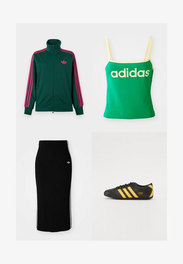 Chaqueta deportiva de cremallera verde oscuro con cuello alto, detalles de tres franjas rosa brillante en las mangas y logotipo trefoil rosa de Adidas en el pecho.; Top verde con detalles amarillos, hecho de material elástico. Presenta un gran logo de "adidas" amarillo en el frente y tirantes delgados.; Falda midi negra con diseño ajustado, que presenta franjas laterales blancas y un pequeño emblema blanco en el lado izquierdo.; Zapatilla deportiva de cuero negro con diseño de tres rayas amarillas, punta redonda, cordones negros y pequeño logo en el lateral. Silueta de perfil bajo.