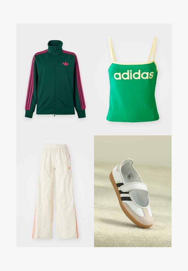 Donkergroene trainingsjack met ritssluiting en hoge kraag, met felroze drie-strepen design op de mouwen en een roze Adidas trefoil-logo op de borst.; Groene tanktop met gele accenten, gemaakt van rekbaar materiaal. Heeft een groot geel "adidas" logo over de voorkant en dunne banden.; Crème-kleurige broek met wijde pijpen en een elastische tailleband, met oranje zijkanten en een klein oranje logo aan de voorkant.; Witte schoen met een roze suède neus, zwarte strepen en een klittenbandsluiting. Heeft een tan rubberen zool en een logo aan de zijkant.