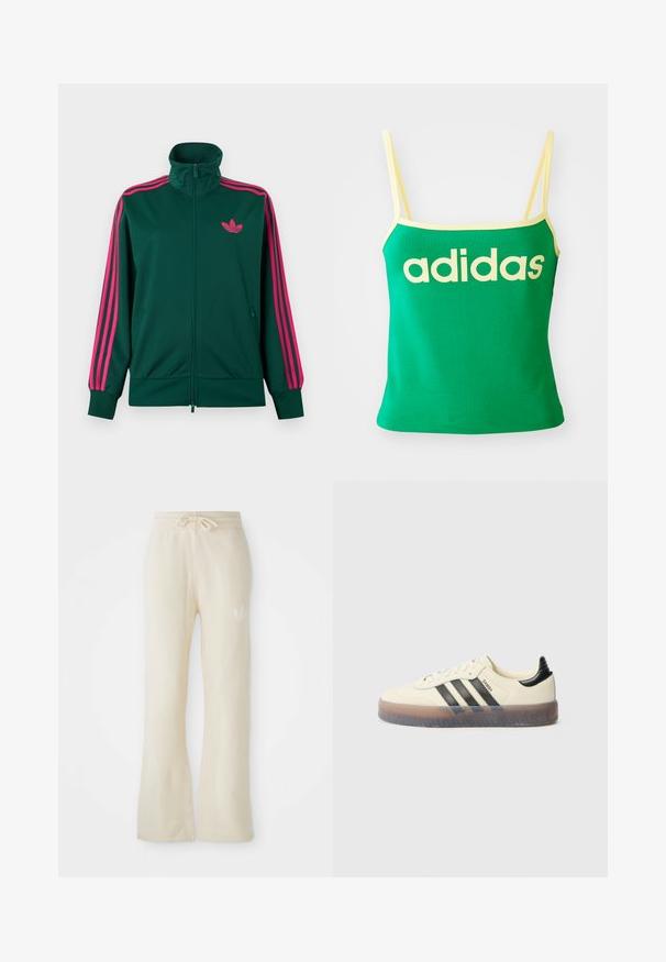 Tumma vihreä vetoketjullinen urheilutakki, jossa on korkea kaulus, kirkkaan pinkit kolmiraitaiset yksityiskohdat hihoissa ja pinkki Adidas-trefoil-logo rinnassa.; Vihreä tankkitoppi keltaisilla yksityiskohdilla, valmistettu joustavasta materiaalista. Edessä on suuri keltainen "adidas"-logo ja ohuet olkaimet.; Housut kermanväriset, pehmeätekstuuriset, joissa on kiristettävä vyötärö ja levenevät lahkeet. Huomaamaton logo yksityiskohta vasemmalla lonkalla.; Beige lenkkitossu, jossa on kolme mustaa raitaa, pyöreä kärki, kuvioitu kumipohja ja sileä päällinen. Varustettu pehmustetulla korolla ja hillityllä brändäyksellä.