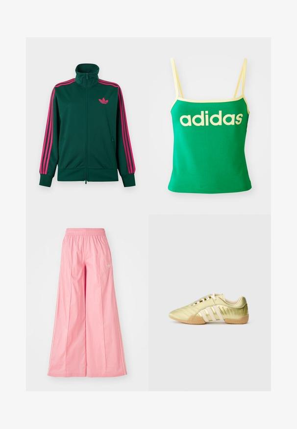 Dunkelgrüne Trainingsjacke mit Reißverschluss, hohem Kragen, auffälligen pinken Drei-Streifen-Details an den Ärmeln und pinkem Adidas-Trefoil-Logo auf der Brust.; Grünes Tanktop mit gelben Akzenten, aus dehnbarem Material. Lieferumfang: großes gelbes "adidas"-Logo auf der Vorderseite und dünne Träger.; Rosa weit geschnittene Hosen aus einem leichten Stoff, mit einem elastischen Bund und dezenten weißen Seitenstreifen. Kleines Logo auf der Vorderseite.; Limettengrüner synthetischer Sportschuh mit glatter Textur, ausgestattet mit drei weißen Streifen, einem weichen Innenfutter und einer strukturierten Gummisohle.