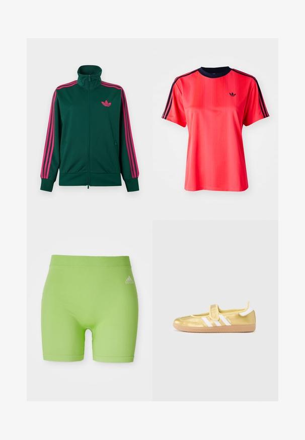 Donkergroene trainingsjack met ritssluiting en hoge kraag, met felroze drie-strepen design op de mouwen en een roze Adidas trefoil-logo op de borst.; Rode sportieve t-shirt met korte mouwen, voorzien van verticale strepen, een marineblauwe ronde hals en een klein zwart logo op de voorkant.; Groene sportshorts van rekbaar materiaal, met een middellange tailleband en een Adidas-logo aan de voorkant rechts.; Gouden sneaker met witte strepen en een klittenbandsluiting. Gladde metallic afwerking, ronde neus en een gestructureerde rubberen zool.