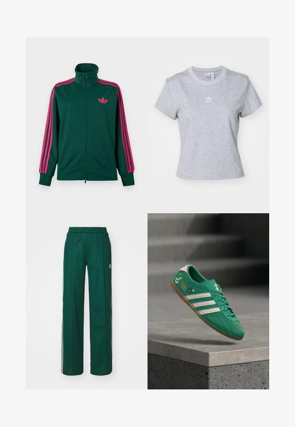 Tmavozelená športová bunda na zips s vysokým golierom, jasne ružové trojpruhové detaily na rukávoch a ružové logo Adidas trefoil na hrudi.; adidas Originals ESS SLIM TEE - Základné tričko - medium grey heather; Tmavohnedé športové nohavice s voľným strihom, s nastaviteľným pásom na šnúrku, postrannými vreckami a smotanovými pruhmi po stranách.; Zelená teniska s bielymi tromi pruhmi, kvetinovými doplnkami, textúrovaným vrškom a ružovým pätovým úchytom. Gumená podrážka pre lepšiu trakciu.