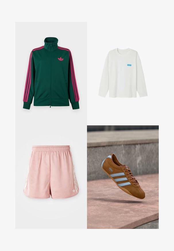 Dunkelgrüne Trainingsjacke mit Reißverschluss, hohem Kragen, auffälligen pinken Drei-Streifen-Details an den Ärmeln und pinkem Adidas-Trefoil-Logo auf der Brust.; Weißes, langärmeliges Hemd aus Baumwolle. Mit Rundhalsausschnitt und kleinem blauen "AMERICAN VINTAGE"-Logo auf der linken Brust.; Rosa Sportshorts mit einem elastischen Bund, seitlichen weißen Streifen und einem kleinen Logo auf der unteren linken Vorderseite. Glatte Stofftextur.; Brauner Wildleder-Sneaker mit hellblauen Streifen, Schnürdesign und Gummisohle. Verfügt über ein Logo an der Seite und eine abgerundete Zehenform.