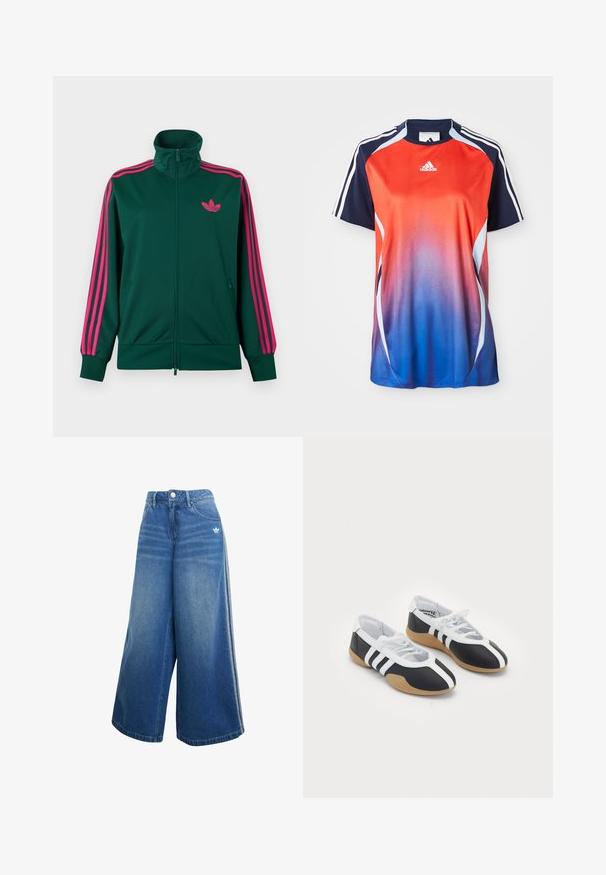 Tmavozelená športová bunda na zips s vysokým golierom, jasne ružové trojpruhové detaily na rukávoch a ružové logo Adidas trefoil na hrudi.; Adidas športová košeľa s krátkym rukávom s gradientom od červenej po modrú, s námorníckymi akcentmi a bielymi pruhmi pozdĺž ramien.; Džíny s širokými nohavicami v stredne modrej farbe, s vysokým pásom, jemnými švovými detailmi a malým bielym logom na prednej strane.; Čierne a biele športové topánky s elegantným dizajnom, gumovou podrážkou, šnurovaním a tromi bielymi prúžkami na bokoch.