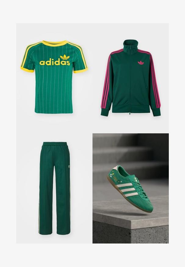 Tmavozelená športová bunda na zips s vysokým golierom, jasne ružové trojpruhové detaily na rukávoch a ružové logo Adidas trefoil na hrudi.; Zelené bavlnené tričko s vertikálnymi bielymi pruhmi, žltými akcentmi a logom "adidas" v žltom písme. Krátke rukávy a okrúhly výstrih.; Tmavohnedé športové nohavice s voľným strihom, s nastaviteľným pásom na šnúrku, postrannými vreckami a smotanovými pruhmi po stranách.; Zelená teniska s bielymi tromi pruhmi, kvetinovými doplnkami, textúrovaným vrškom a ružovým pätovým úchytom. Gumená podrážka pre lepšiu trakciu.