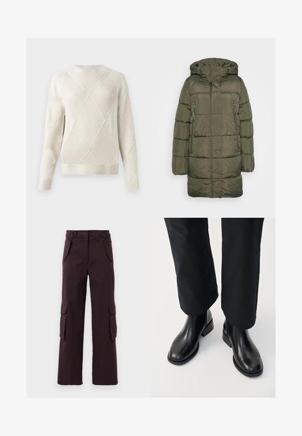 Manteau d'hiver long matelassé vert olive avec capuche, fermeture éclair frontale et deux poches latérales zippées.; Pull en tricot crème avec un motif en losanges texturé, col rond, poignets et ourlet côtelés. Matière douce et coupe décontractée.; Pantalons cargo straight-leg de couleur violet foncé avec des poches à rabat sur les côtés, des poches avant inclinées et des passants de ceinture à la taille.; Bottines Chelsea en cuir noir avec une texture lisse, un bout rond et un petit talon carré, associées à un pantalon noir.