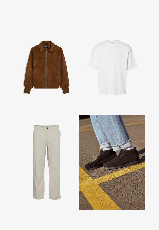 Braune Wildleder-Bomberjacke mit Frontreißverschluss, gerippten Bündchen und Saum, spitzem Kragen und seitlichen Taschen, flach auf weißem Hintergrund liegend.; Schlichtes weißes T-Shirt mit kurzen Ärmeln, Rundhalsausschnitt und lockerem Schnitt, abgebildet auf weißem Hintergrund.; Beige Baumwollhose mit geradem Bein, Fronttaschen und einem einzelnen Knopfverschluss. Glatte Textur und minimale Nähte.; Schwarze Wildleder-Ankle-Boots mit glatter Textur, abgerundetem Zeh und genähten Details. Kombiniert mit hellblauen, hochgekrempelten Jeans und weißen Socken.