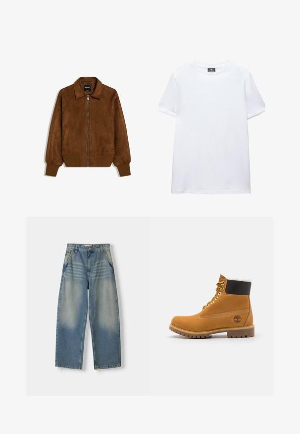 Braune Wildleder-Bomberjacke mit Frontreißverschluss, gerippten Bündchen und Saum, spitzem Kragen und seitlichen Taschen, flach auf weißem Hintergrund liegend.; Einfaches weißes T-Shirt mit kurzen Ärmeln und Rundhalsausschnitt mit einem schwarzen Pull&Bear-Etikett innen am Kragen, abgebildet auf weißem Hintergrund.; Hellblaue Denim-Jeans im weit geschnittenen Stil mit einem ausgewaschenen Finish, Fünf-Taschen-Design und rohem Saum. Mit einem Knopf- und Reißverschluss vorne.; Braune Leder-Ankle-Boots mit Metallösen, weißem Kunstfellfutter, schwarzem gepolstertem Kragen, robustem Sohlenprofil und geprägtem Logo an der Seite.