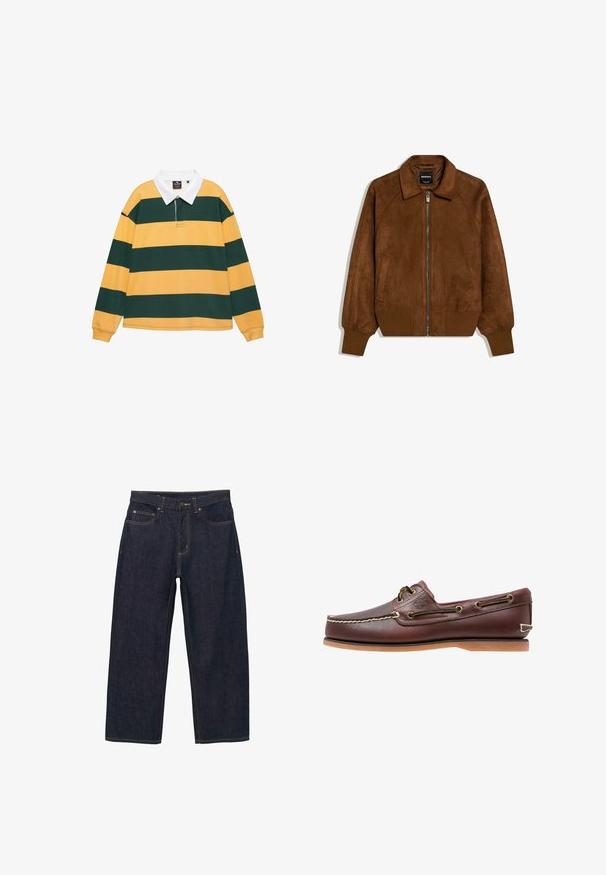 Blouson aviateur en daim marron avec fermeture éclair frontale, poignets et ourlet côtelés, col pointu et poches latérales, à plat sur fond blanc.; Maillot de rugby à manches longues avec de larges rayures horizontales jaunes et vert foncé, et un col blanc.; Pantalon en denim bleu foncé à coupe ample, avec des coutures dorées, une fermeture avant par boutons, et deux poches latérales.; Chaussure bateau en cuir marron avec coutures blanches, détails de lacets et semelle en caoutchouc beige, vue de côté sur fond blanc.