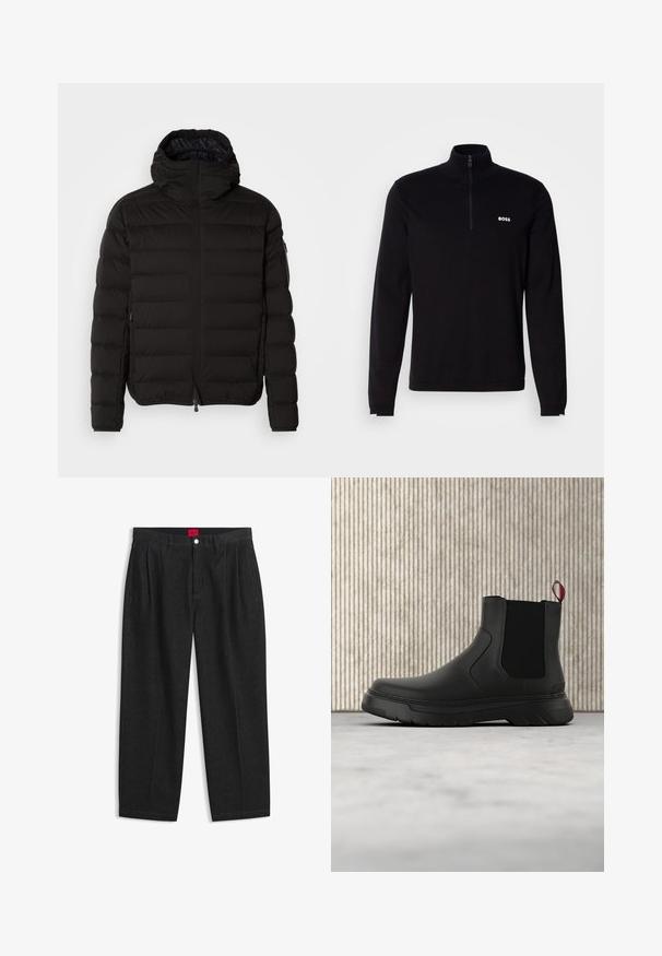 Sort pufferjakke med høj krave, lynlåslukning og sidelommer. Har et quiltet mønster og en glat, mat tekstur.; Sort langærmet pullover med halvlukket lynlås ved kraven, med ribbet tekstur og hvid "BOSS"-logo på brystet. Blød stoffinish.; Sorte bukser med høj talje med forreste læg, bæltestropper, knap og lynlås lukning samt en rød label indeni linningen.; Sort ankelstøvle med en glat overflade, elastiske sidepaneler og en kontrasterende rød træksløjfe, der har en tyk gummisål og rund tå.