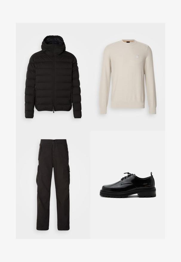 Veste matelassée noire avec col haut, fermeture éclair et poches latérales. Présente un motif matelassé et une texture lisse et mate.; Pull beige clair en tissu texturé. Présente un col rond, des manches longues et un petit logo carré sur la poitrine.; Pantalons cargo noirs avec une coupe droite, une taille élastique, plusieurs poches latérales et un tissu texturé pour plus de durabilité.; Chaussure en cuir noir poli à lacets, semelle en caoutchouc épaisse et talon bas, texte de marque "SAMSOE" sur le côté et languette arrière.