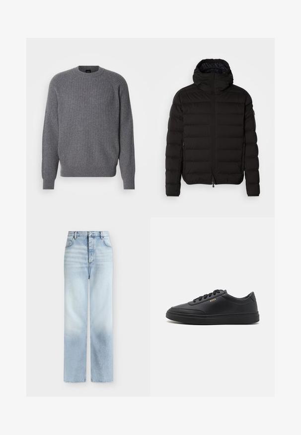 Sort pufferjakke med høj krave, lynlåslukning og sidelommer. Har et quiltet mønster og en glat, mat tekstur.; Grå ribbet strikket langærmet sweater med rund halsudskæring og ribbede manchetter, vist på en enkel hvid baggrund.; Lyseblå, højtaljede jeans med rette ben, forlommer, bæltestropper og knaplukning.; Sorte lædersneakers med en glat overflade, rund tå, flad gummisål og tonede snørebånd. Udstyret med guld "BOSS" branding på siden.