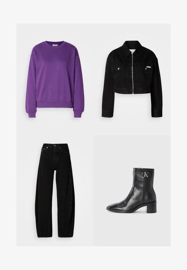 Sort cropped denimjakke med krave, frontlynlås og to brystlommer, med metallknapper og logoaccent.; Lilla bomulds sweatshirt med rund hals og ribbede manchetter. Har et diskret broderet logo på brystet og en afslappet pasform.; Sorte denim brede bukser med høj talje, der har en knaplukning, fem lommer og minimale syninger.; Sort læder ankelstøvle med spids tå, blokhæl og en rem med en metallisk logo detalje. Glat tekstur og minimalistisk design.