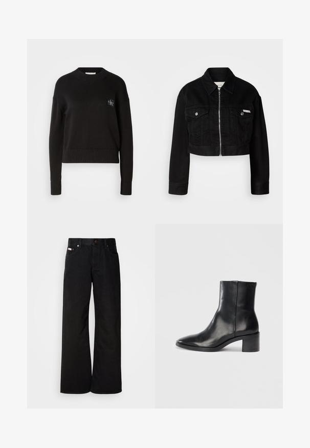 Veste en denim noire raccourcie avec un col, fermeture éclair à l'avant et deux poches poitrine, dotée de boutons métalliques et d'une accentuation de logo.; Pull en tricot noir avec un col rond, des poignets et un ourlet côtelés. Présente un petit patch logo carré sur la poitrine gauche. Coupe décontractée.; Jean large noir en coton. Présente des poches avant, une fermeture à bouton, et une texture denim classique. Design minimaliste sans motifs.; Bottine en cuir noir avec un bout pointu, un petit talon bloc et un logo en relief discret. Texture lisse avec un design élégant et un minimum de coutures.