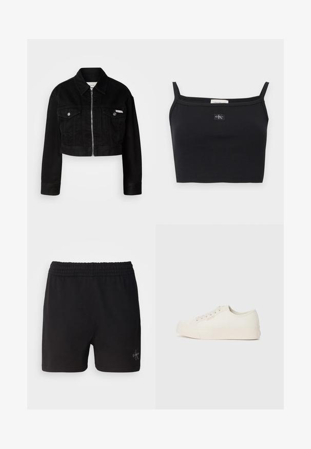 Schwarze, kurz geschnittene Jeansjacke mit Kragen, Frontreißverschluss und zwei Brusttaschen, ausgestattet mit metallischen Knöpfen und einem Logo-Detail.; Schwarzes, geripptes Crop-Top mit dünnen Trägern und einem kleinen Calvin Klein Logo-Patch mittig auf der Brust.; Schwarze Baumwollshorts mit einem elastischen Bund und Calvin Klein-Logo in Silber in der unteren rechten Ecke. Glatte Textur.; Sneaker aus off-weißem Canvas, mit einem Low-Top-Design, runder Zehenpartie und flacher Gummisohle mit dezenten Nähdetails.