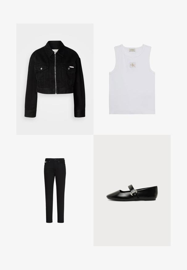 Chaqueta de mezclilla negra cortada con cuello, cremallera frontal y dos bolsillos en el pecho, con botones metálicos y un acento de logo.; Camiseta sin mangas blanca con etiqueta Calvin Klein Jeans en el pecho y una etiqueta cerca del escote sobre un fondo blanco liso.; Vaqueros negros de corte ajustado con botón y cremallera delanteros, con bolsillos delanteros y traseros y una pequeña etiqueta en el bolsillo delantero derecho.; Zapato plano Mary Jane de cuero negro con punta redondeada y hebilla plateada sobre un fondo liso.